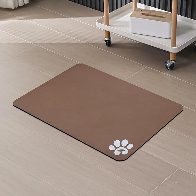 YCT Pet Cat Food Mats - Non Slip Super Absorbent, with Footprints Logo, 18.1 x 11.8 inches, Brown