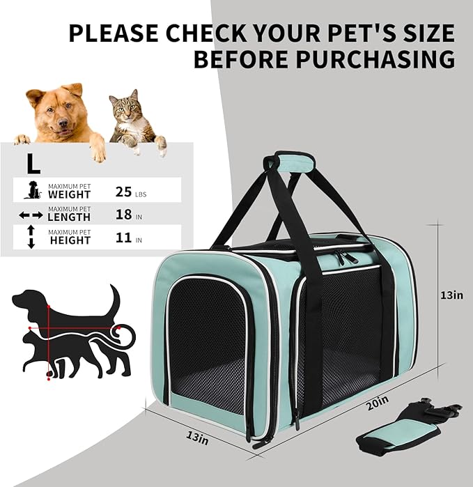 Carriers Soft-Sided Large Pet Carrier for Cats Dogs Small Animals Up to 25Lbs,Top Load Carrier,Ventilated Design,Portable Cat Carrier Airline Approved(X-Large,Green)