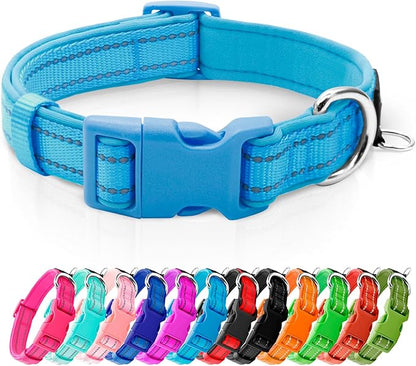 azuza Reflective Dog Collar,Soft Neoprene Padded Pet Collar with ID Tag Ring,Adjustable for Medium Dogs,Sky Blue,M
