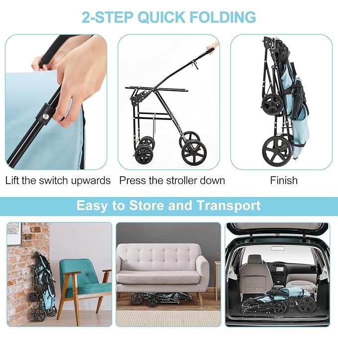 Double Pet Stroller for Dogs and Cats with 2 Detachable Carrier, Quick-Folding Dog Stroller for Medium Small Dogs Cats, 4 Wheels, Light Blue