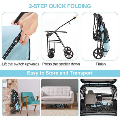 Double Pet Stroller for Dogs and Cats with 2 Detachable Carrier, Quick-Folding Dog Stroller for Medium Small Dogs Cats, 4 Wheels, Light Blue