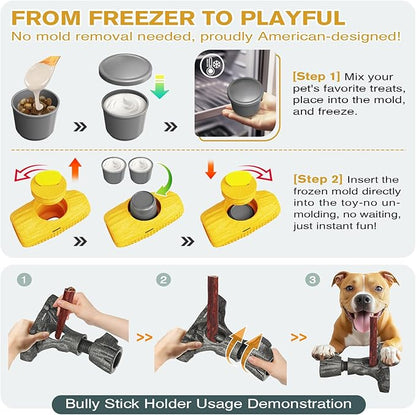 Ansoniser 2-in-1 Durable Dog Toy Bundle，Bully Stick Holder & Frozen Treat Slow Feeder for Aggressive Chewers, Food-Safe Interactive Toys to Relieve Boredom, Best Gift for Small to Large Dogs
