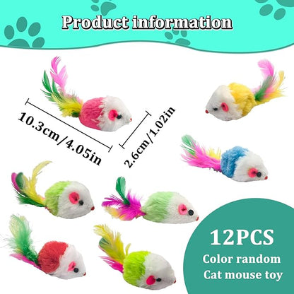 Andiker 12Pcs Cat Mouse Toy for Indoor Cats, 3.93'' Colorful Cat Mice Toy in Random Colors with Feather Realistic Mice Toys for Cat Cute Cat Plush Mouse Toy for Cat to Catch Play (Mix Color)