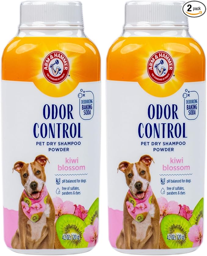 Arm & Hammer for Pets Odor Control Dry Shampoo Powder for Dogs & Puppies, Waterless Dog Deodorizer with Baking Soda, Paraben Sulfate and Dye Free Formula, Kiwi Blossom Scent, 4.2 Oz (Pack of 2)