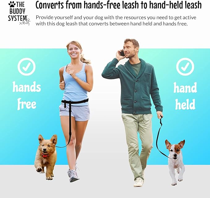 The Buddy System Hands Free Dog Leash, Adjustable Leash for Running, Jogging, Training and Service Dogs, Great for Small, Medium and Large Dogs, Made in USA (Black, Small Dog System (Large Belt))
