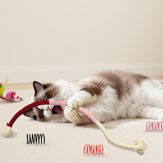 36 Pcs Interactive Cat Toys Set for Indoor Cats Kitten Toys Variety Pack Includes Plush Fish, Chew Ropes,12Colors Cat Springs, Feather Mice and Balls Best Gift to Relieve Boredom for Adult Cats