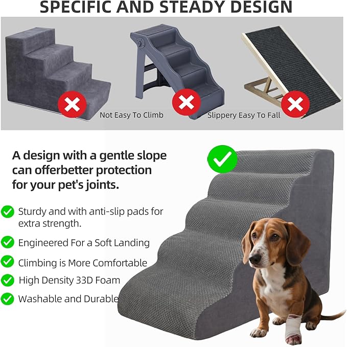 5 Step Pet Stairs Ramp for High Beds Sofas 23-30 Inch with Sturdy Non Slip Waterproof Pads, Machine Washable Cover Indoor Balanced Design for Cats Dogs Small Medium Large XL Pets Black, Large