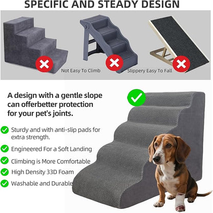 5 Step Pet Stairs Ramp for High Beds Sofas 23-30 Inch with Sturdy Non Slip Waterproof Pads, Machine Washable Cover Indoor Balanced Design for Cats Dogs Small Medium Large XL Pets Black, Large