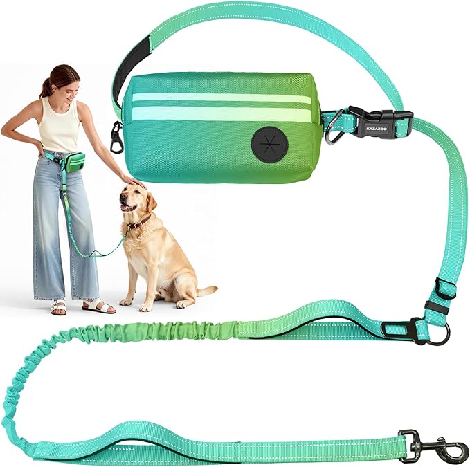 Hands Free Dog Leash with Removable Zipper Pouch, Dual Padded Handles and Durable Bungee for Walking, Jogging and Running-Your Dog (Large, 35-140 lbs-Cyan