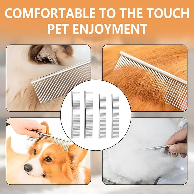 4 Pcs Stainless Steel Pet Comb Set, Dematting Grooming Tool for Dogs and Cats, Medium and Small Size Combs for Daily Home Detangling Long Short Animal Hair, for Pet Owner and Home Grooming