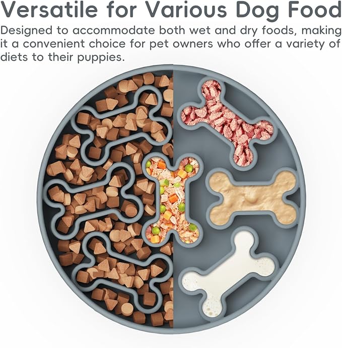 Silicone Slow Feeder Dog Bowl – Gray Bone Pattern | Food-Grade Non-Slip Dog Dish for Anti-Bloat, Fast Eating Prevention, 7.5” x 1.5”, Dishwasher Safe