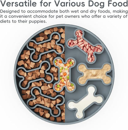 Silicone Slow Feeder Dog Bowl – Gray Bone Pattern | Food-Grade Non-Slip Dog Dish for Anti-Bloat, Fast Eating Prevention, 7.5” x 1.5”, Dishwasher Safe