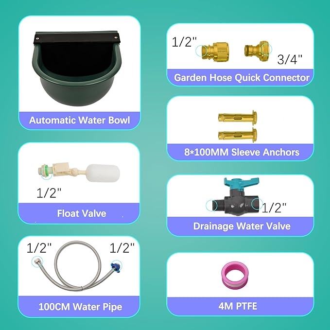 Automatic Dog Water Dispenser with Drain Valve, 1 Gallon Outdoor Auto Water Dog Bowl with Float Valve, Automatic Chicken Waterer with Hose Quick Connector, for Horse, Poultry (Green)