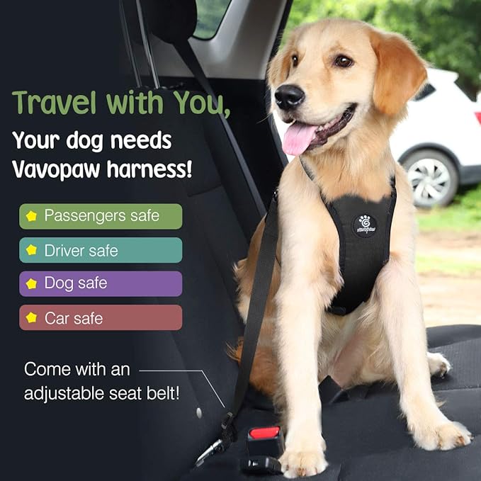 VavoPaw Dog Seat Belt, Safety Vest Dog Car Harness with Adjustable Buckle Dog Seat Belt for Vehicle Nylon Pet Safety Seat Belts Heavy Duty(M, Black)