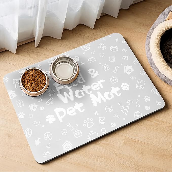 Pet Feeding Mat,Dog Cat Mat for Food and Water,Dog Bowl Waterproof Placemat with Rubber Backing,Absorbent Quick Dry Water Dispenser Mat for Pet（Light Gray 16"×24"）
