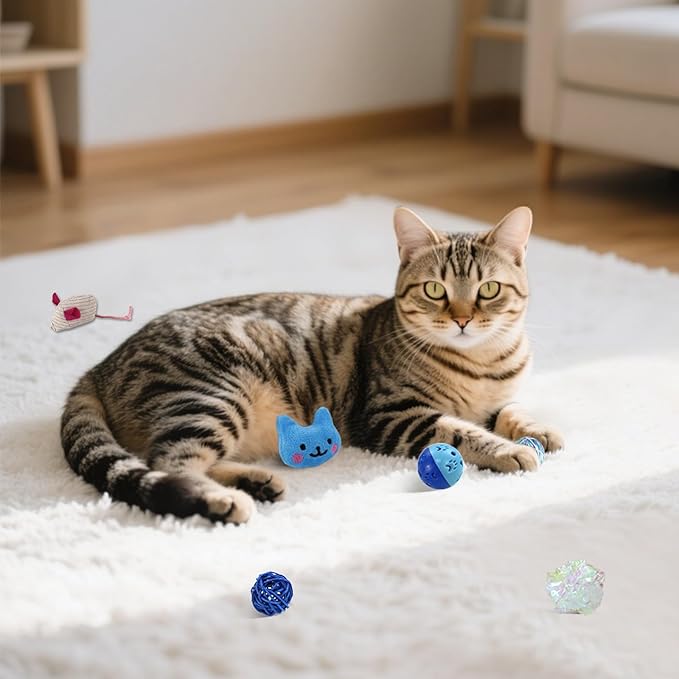 Andiker 6Pcs Cat Toy Pack, Cats Toy Set with Crinkle Balls, Pet Bell Balls, Pet Mouse Toy and Rattan Ball Stimulate Cats Hunting and Chasing Instincts Interactive Kitten Toys for Indoor Cat (Blue)