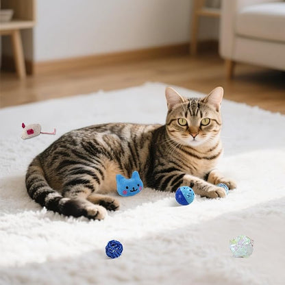 Andiker 6Pcs Cat Toy Pack, Cats Toy Set with Crinkle Balls, Pet Bell Balls, Pet Mouse Toy and Rattan Ball Stimulate Cats Hunting and Chasing Instincts Interactive Kitten Toys for Indoor Cat (Blue)