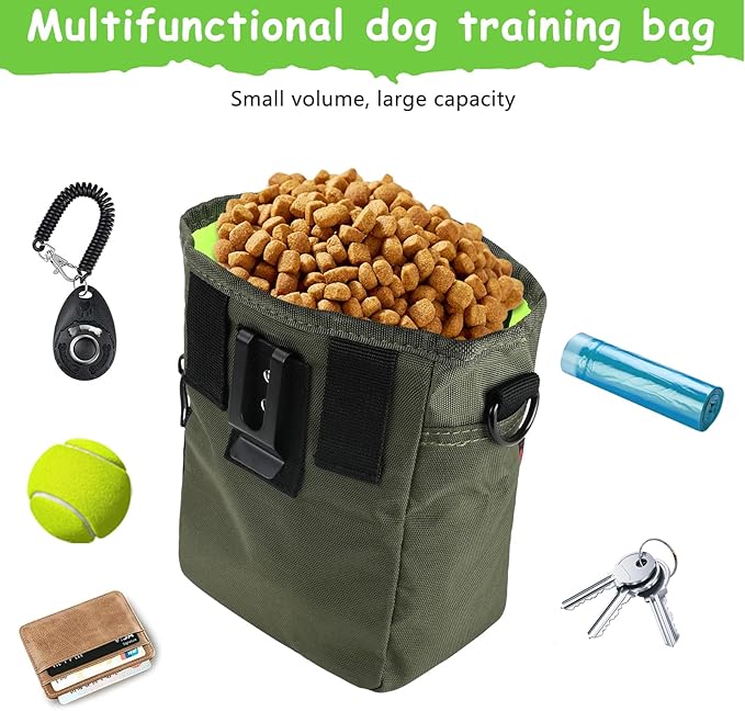 kissleaf Dog Treat Pouches for Pet Training with Magnetic Closure Treat Pouches for Pet Training,Large Dog Treat Training Pouch and Dog Clicker,Training Treat Pouch Built-in Poop Bag Dispenser-Green