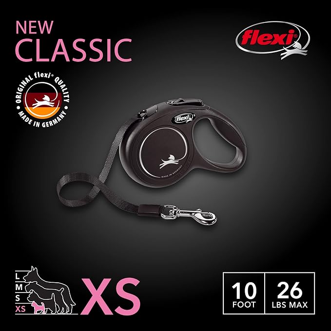 Flexi New Classic Retractable Dog Leash (Tape), 10 ft, Extra Small, Black (Pack of 4)