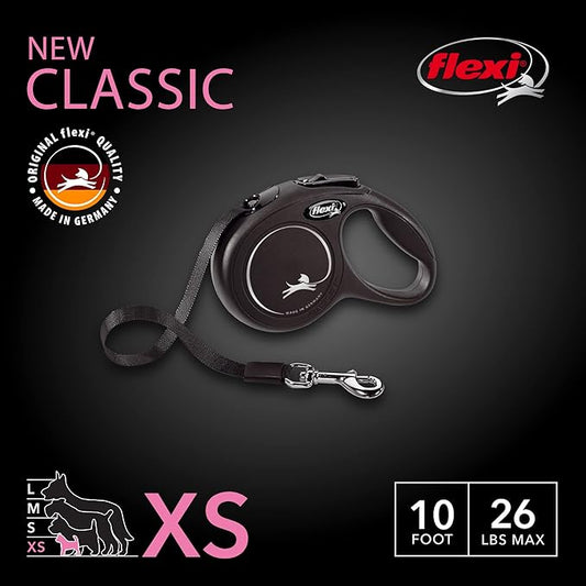 Flexi New Classic Retractable Dog Leash (Tape), 10 ft, Extra Small, Black (Pack of 4)