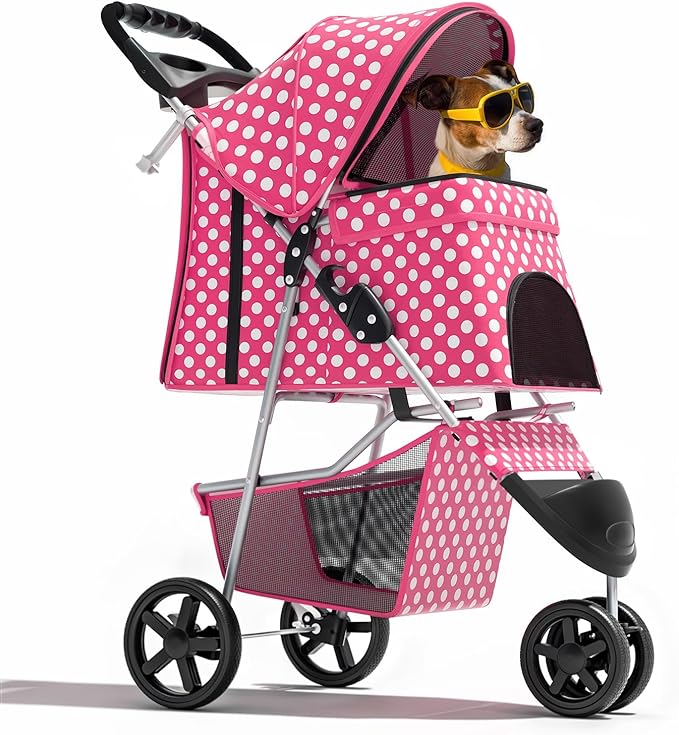 Magshion 3-Wheel Pet Stroller, Foldable Travel Jogger for Small & Medium Dogs & Cats (Up to 33lbs), Lightweight Carrier with Breathable Mesh Cover, Cup Holder & Storage Basket, Hot Pink Polka Dots