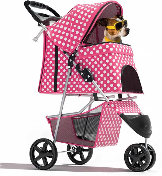 Magshion 3-Wheel Pet Stroller, Foldable Travel Jogger for Small & Medium Dogs & Cats (Up to 33lbs), Lightweight Carrier with Breathable Mesh Cover, Cup Holder & Storage Basket, Hot Pink Polka Dots