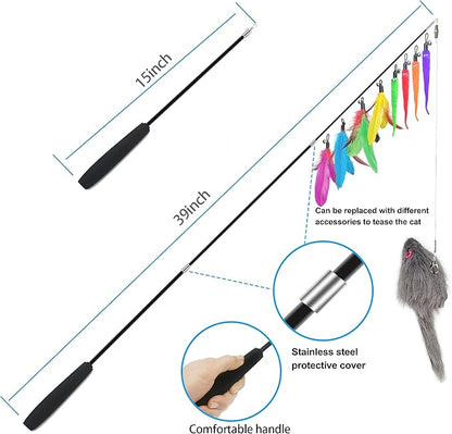 Interactive Cat Toys Set Teaser Feather Wand, Hanging Door Toy & Multiple Attachments - Telescopic Cat Fishing Pole Toy for Kitten