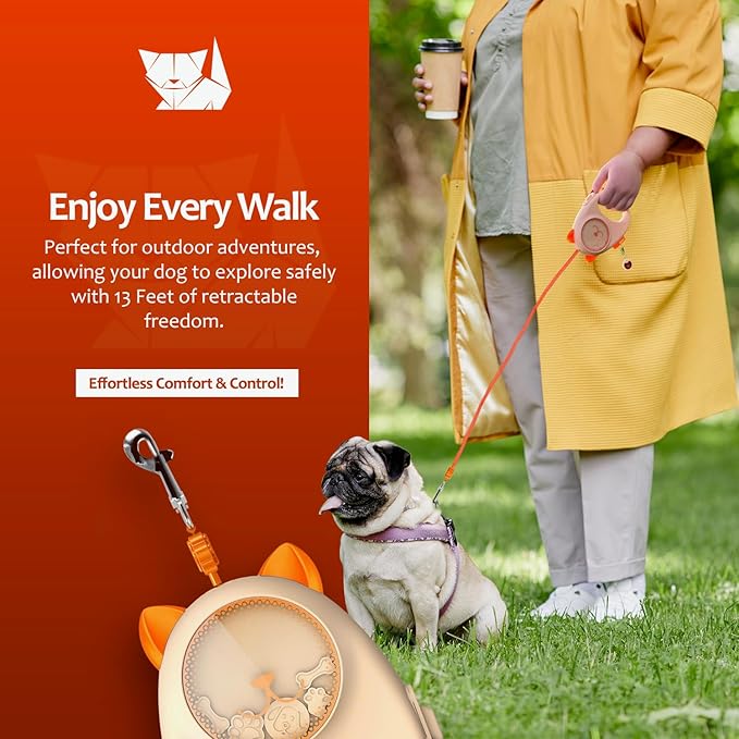 Dog & Cat Retractable Leash, 13ft Strong Nylon Tape with Auto-Locking, Tangle-Free Walking Pet Leash for Small Dogs/Cats Up to 33 lbs, One-Touch Brake, Comfortable Handle, PupPlay Design