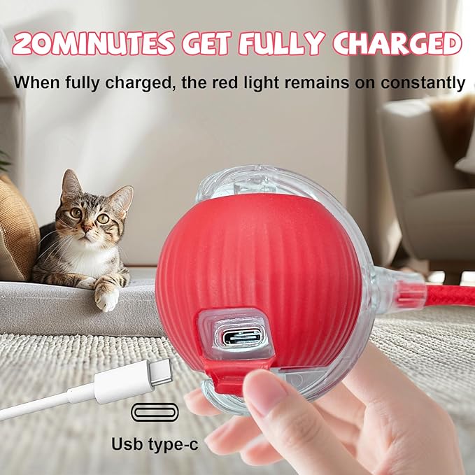 Automatic Interactive Cat Toys Ball, Motion Activated Kitten Toys with Twitchy Tail, 3 Speed Modes & Rechargeable Battery, Fun Indoor Cat Enrichment Toys for Small Medium Large Cats (Red)