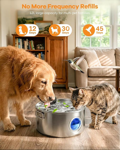 3.4Gal Wireless Automatic Dog Water Fountain for Large Dogs，12L Stainless Steel 3 Modes Dog Fountain Water Bowl Dispenser, Multi Large Pet Water Fountain Ultra Quiet & Multi-Filteration