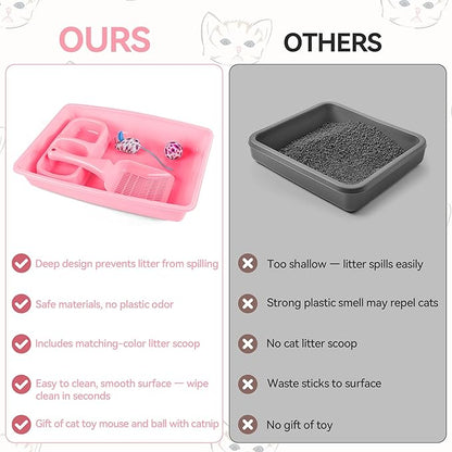 PAWISE Cat Litter Box Set, Small Kitten Starter Kit, Includes Litter Box, Litter Scoop, Double Dish Feeding Bowl, Cat Mouse Toy, Kitty Ball Toy, Pink