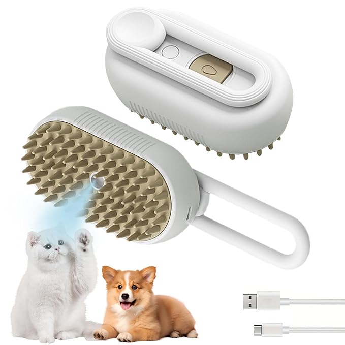 3-in-1 Cat Grooming Brush – Water Spray & Self-Cleaning Shedding Brush for Cats & Dogs – Pet Hair Removal & Massage Comb for Long & Short Hair (White)