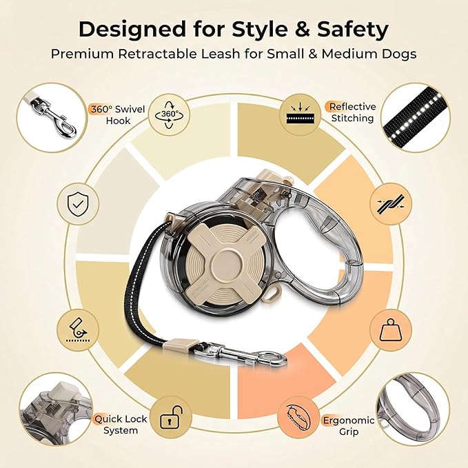 Retractable Dog Leash for Small Dogs, 13ft Reflective Retractable Leash with 360° Tangle-Free Design, Heavy Duty Nylon Tape Lead for Small to Medium Pets up to 50 lbs One-Handed Brake & Lock