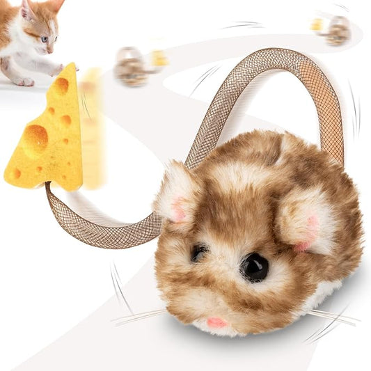 Migipaws Interactive MigiMouse Cat Toy 360° Rolling & Spin with Mesh Plastic Tail for Indoor Cats Smart Motion Sensor, Realistic Squeak, Rechargeable Plush Kitten Toy(Brown Long)