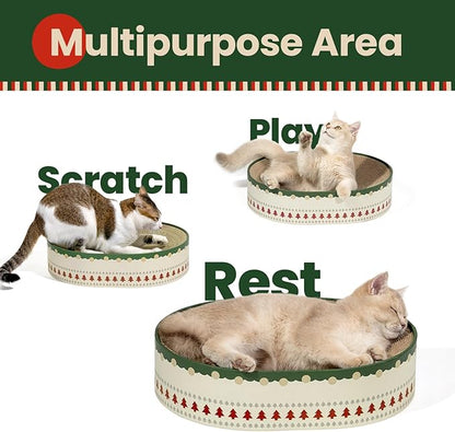 Cat Scratcher Bed, 2 in 1 Oval Cat Scratching Board for Indoor Kitty Scratch Pad Corrugated Cardboard Lounge Bowl Nest Couch Sofas for Kittens, Includes Cat Toy, Christmas