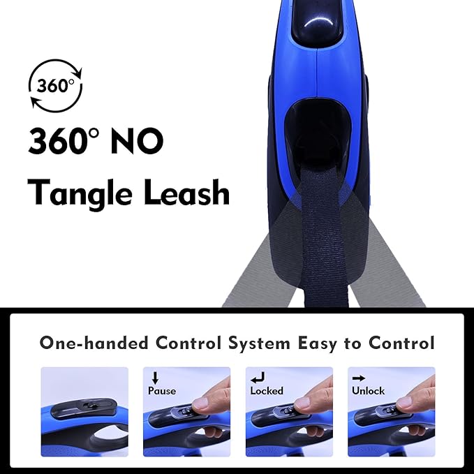 26Ft Retractable Dog Leash with Chew Proof Cable,Heavy Duty Dog Leash with Removable Poop Bags for Medium Large Dogs up to 110lbs,Strong Nylon Tape No Tangle,One-Handed Brake (Blue)