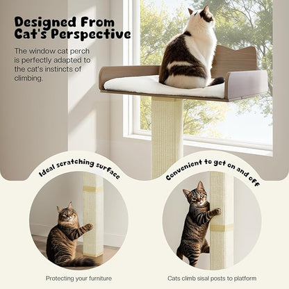 Cat Window Perch with Thick Sisal Scratching Post, Cats Hammock for Window with 3 Upgrade Suction Cups, 55" Adjustable Tall Cat Scratching Post with Large Perch, Cats Window Bed with Fluffy Cushion