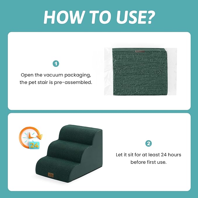 Wide Dog Stairs for Small Dog 15.7" H, Pet Step for Puppy, Older Cat, Curved Ramp for Couch, Durable Anti-Slip Ladder with High Density Foam, 3 Step, 17.7x22.4x15.7 inch, Dark Green