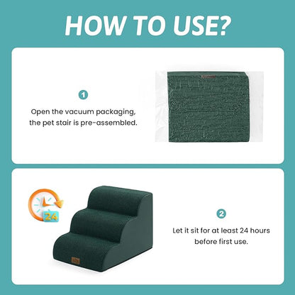 Wide Dog Stairs for Small Dog 15.7" H, Pet Step for Puppy, Older Cat, Curved Ramp for Couch, Durable Anti-Slip Ladder with High Density Foam, 3 Step, 17.7x22.4x15.7 inch, Dark Green