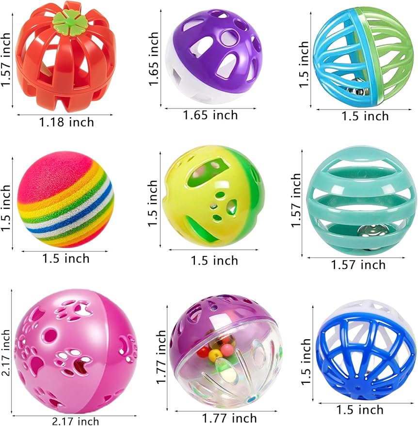 10 Cat Toys Balls for Indoor Kitten, 9 Styles PP Bell Balls with Sound, Safe Durable Chew Toys for Cats Kittens (1.5'' - 2.2'')