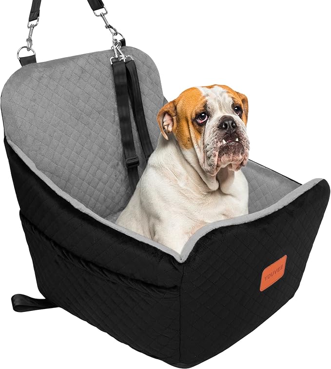 YOUVEE Dog Car Seat for Small/Medium Dog 20lbs 25lbs up to 32 lbs,Fully Detachable and Washable Puppy Booster seat with Storage Pockets,2 Adjustable Safety Belts(Black Outside Grey Inside)