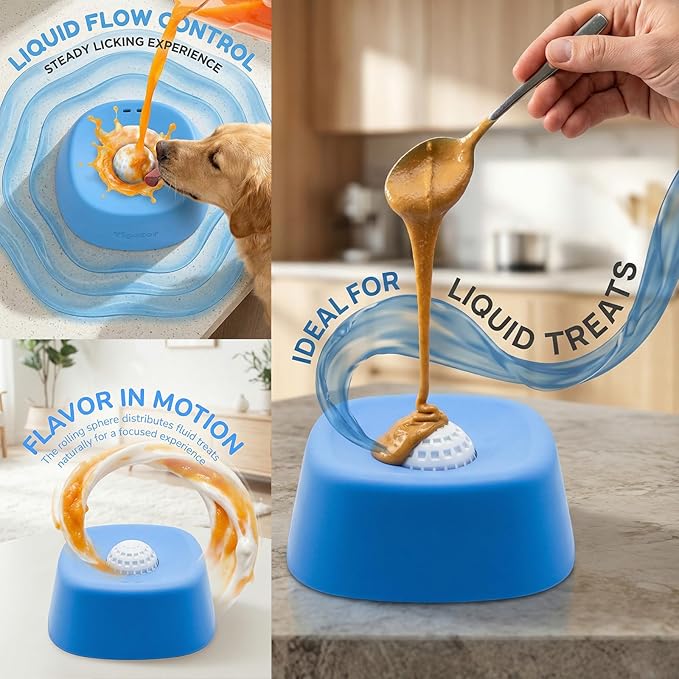 Slow Feeder Dog Bowls for Liquid Treat,Dog Licking Bowl with Rolling Balls for Bone Broth & Yogurt,Food‑Grade Rubber, for Large Medium Small Puppy Breeds (Blue)