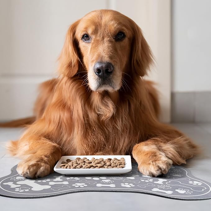 Dog & Cat Food Mat Bone Shaped Pet Feeding Mat Quick Absorb Water Bowl Placemat with Rubber Backing Indoor Floor Stain Resistant Pet Accessory Supplies (Grey, 16x24 Inches)
