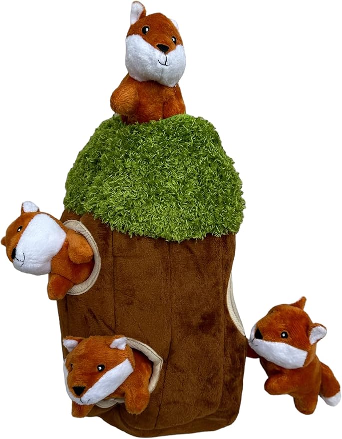 Fox in Tree Hide and Seek Dog Toy for Small and Medium Size Dogs, Plush Fox Inside Trunk Dog Toy with Squeaker, Interactive Burrow Toy (Tree with Fox, Medium)