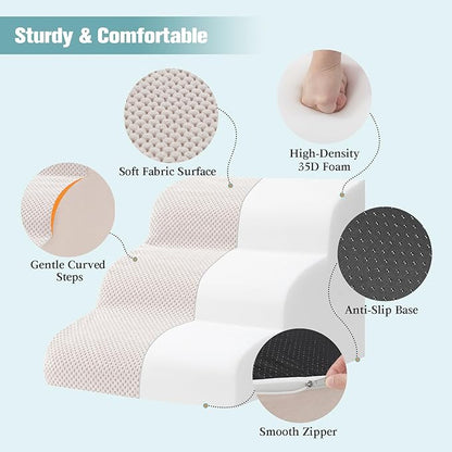 Dog Stairs for Small Dogs, 3-Step Dog Steps for Couch Sofa and Chairs, High-Density Foam Pet Steps Ramp with Removable Washable Cover for Older Injured Puppy Dogs and Cats, 13.78" H, Beige