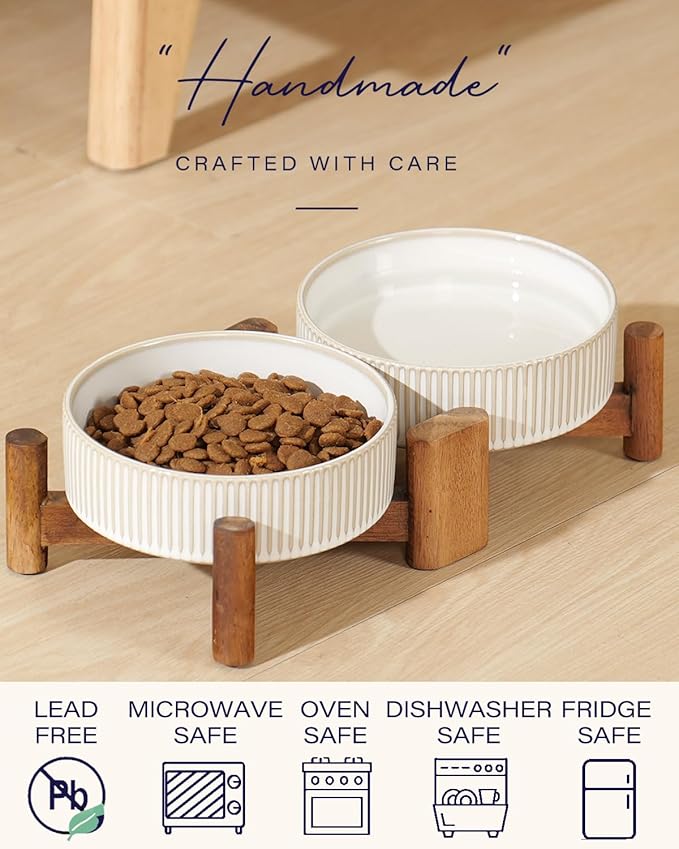 Getstar Elevated Ceramic Dog Cat Bowl Set - 1.8-Cup Raised Feeding Bowls with Non-Slip Wood Stand - Small Pet Dishes for Food and Water - Ideal for Cats and Puppies