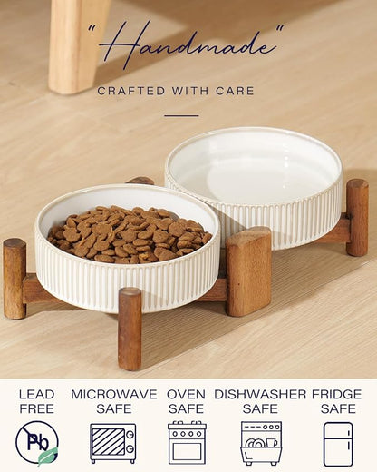 Getstar Elevated Ceramic Dog Cat Bowl Set - 1.8-Cup Raised Feeding Bowls with Non-Slip Wood Stand - Small Pet Dishes for Food and Water - Ideal for Cats and Puppies