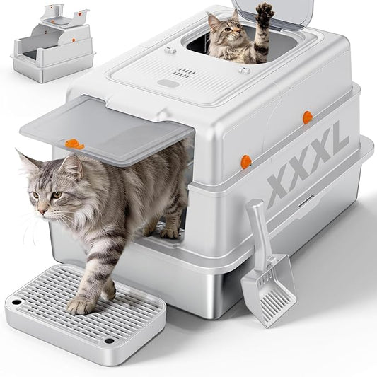 FURTIME XXXL Extra Large Stainless Steel Litter Box with Lid, Large Enclosed Cat Litter Box for Big Cats, Metal Cat Box with High Sided Enclosure & Scoop, Silver