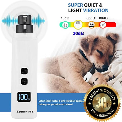 Electric Dog Nail Grinder with 2 Level LED Lights, 2 Speed Super Quiet and Low Vibration Rechargeable Pet Nail Grinder for Small Dogs and Cats - White