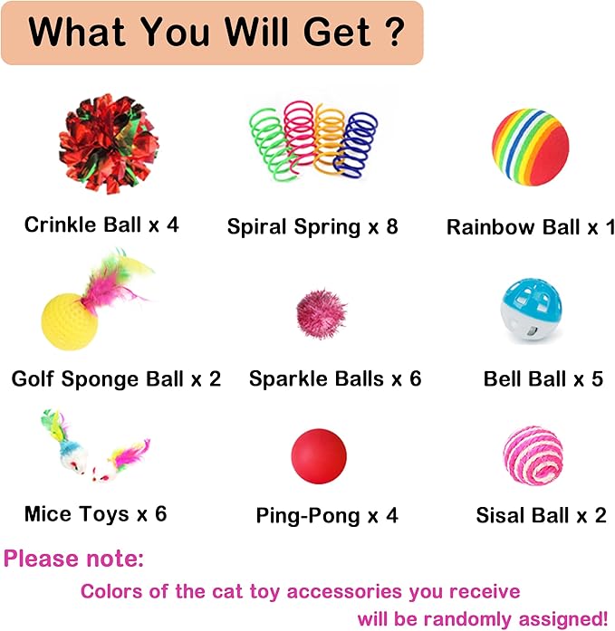 Cat Toys Assortment - Interactive Kitten Toy Bundle with Sparkle Pom Pom Balls, Crinkle Balls & Spring Toys for Indoor Cats(38-Pack)